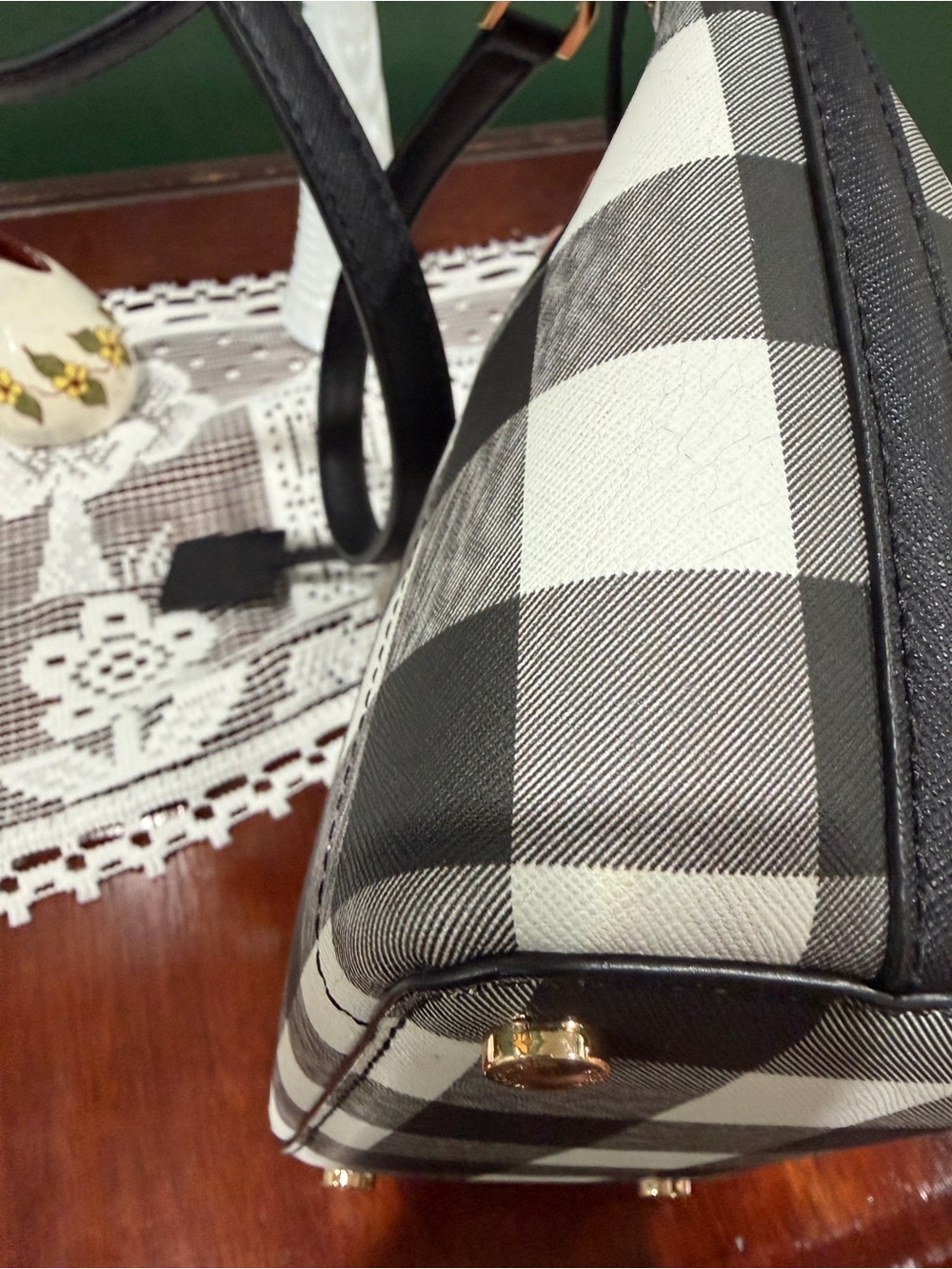 Michael Kors Black & White Gingham Drawstring Bucket Bag - Picture 15 of 16